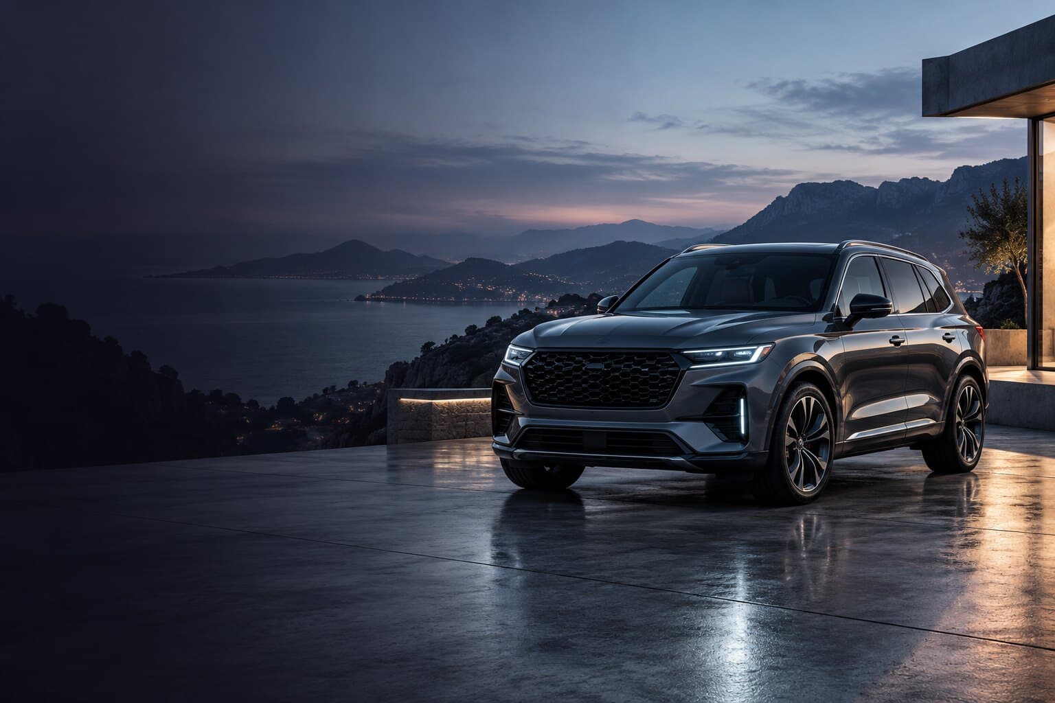 Graphite SUV parked on a coastal terrace at blue hour